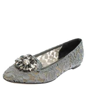 Pre Owned Dolce & Gabbana Grey Lace Crystal Embellished Taormina Ballet Flats Size 39.5