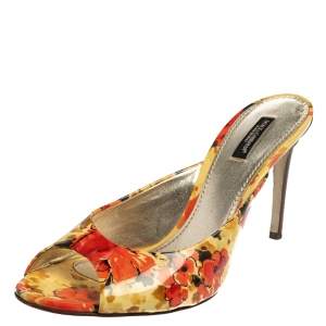 Dolce & Gabbana Multicolor Floral Print Patent Leather Slide Sandals Size 40.5