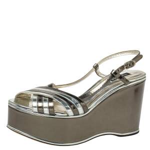 Pre Owned Dolce & Gabbana Metallic Silver Leather Wedge Platform Slingback Sandals Size 40