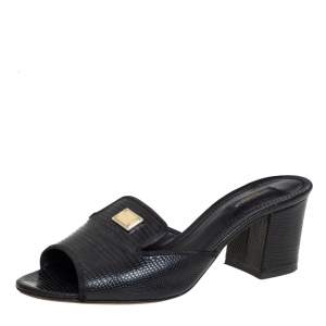 Pre Owned صندل سلايد دولتشي أند غابانا كعب سميك جلد نقشة السحلية أسود مقاس 38.5