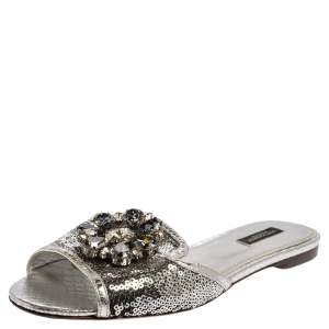 Dolce & Gabbana Silver Sequins Patent Leather Crystal Embellished Slides Sandals Size 38