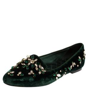 Pre Owned Dolce & Gabbana Green Velvet Crystal Velvet Loafers Size 38