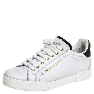 Pre Owned Dolce & Gabbana White/Black Leather Portofino Pearl Embellished Low Top Sneakers Size 37