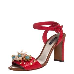 مملوكة مسبقًا Dolce & Gabbana Red Lizard Embossed Leather Embellished Ankle Strap Sandals Size 38.5