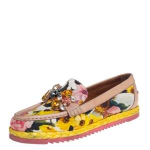 Pre Owned Dolce & Gabbana Multicolor Brocade Fabric And Leather Crystal Embellished Loafers Size 37