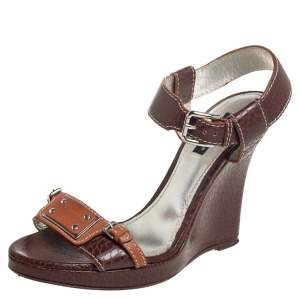 Pre Owned Dolce & Gabbana Brown Textured Leather Wedge Ankle Strap Sandals Size 37.5