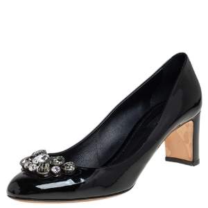 Dolce & Gabbana Black Patent Leather Crystal Embellished Block Heel Pumps Size 40