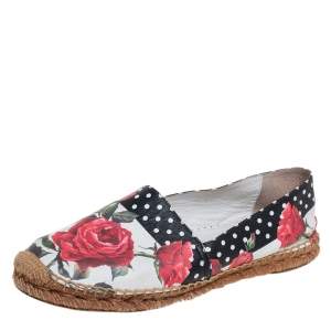Pre Owned Dolce & Gabbana White Floral Print Leather Espadrille Flats Size 38