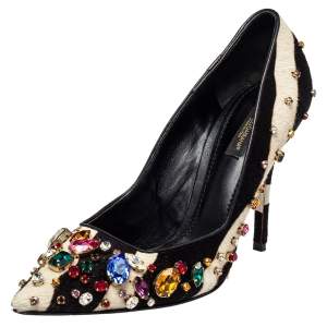 Pre Owned Dolce & Gabbana Black/White Leather And Calf Hair Bellucci Crystal Embellished Pumps Size 37.5