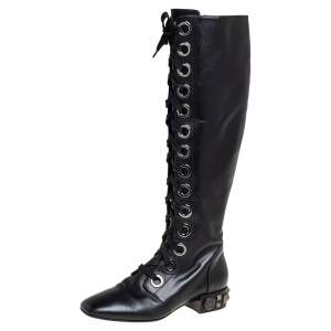 Dolce & Gabbana Black Leather Jackie Lace Up Knee Length Boots Size 41