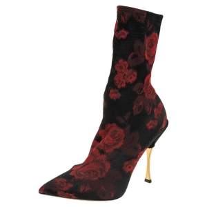 Pre Owned Dolce & Gabbana Black/Red Gardinale Stretch Fabric Ankle Booties Size 37.5