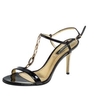 Dolce & Gabbana Black Patent Leather T-Strap Sandals Size 37