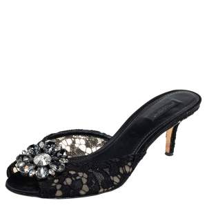 Pre Owned  Dolce & Gabbana Black Lace Keria Crystal Embellished Slide Sandals Size 40