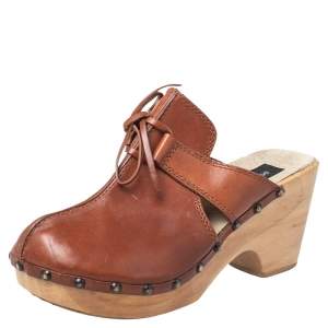 Dolce & Gabbana Tan Leather Bow Wooden Clogs Size 39