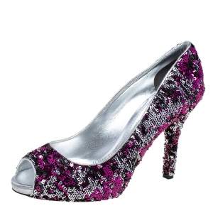 Dolce & Gabbana Pink/Silver Sequins Peep Toe Pumps Size 39