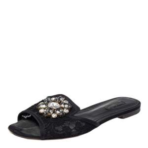 Pre Owned Dolce & Gabbana Black Lace Bianca Crystal Embellished Slide Flats Size 37