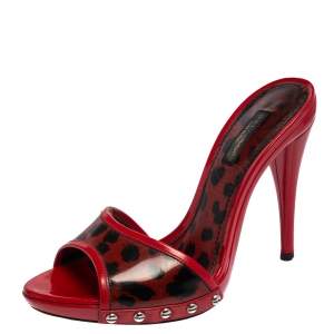 Pre Owned Dolce & Gabbana Red Patent Leather Leopard Print Slide Sandals Size 37.5