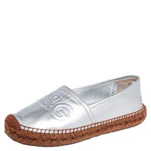 Pre Owned Dolce & Gabbana Silver Leather Logo Embossed Espadrille Flats Size 38