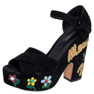 مملوكة مسبقًا Dolce & Gabbana Black Suede Embellished Block Heel Platform Sandals Size 39