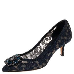 Pre Owned Dolce & Gabbana Navy Blue Lace Bellucci Pumps Size 37