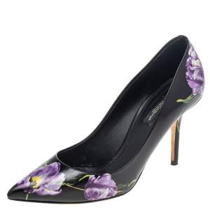 Dolce & Gabbana Black Floral Printed Leather Pointed Toe Pumps Size 38