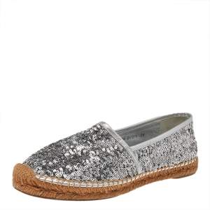 Dolce & Gabbana Grey Sequin Leather Espadrille Flats Size 38
