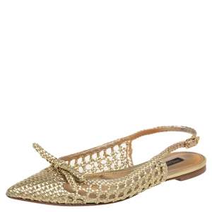 Dolce & Gabbana Gold Woven Leather Bellucci Bow Flats Size 37