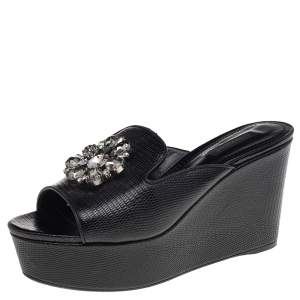 Pre Owned Dolce & Gabbana Black Lizard Embossed Leather Crystal Embellished Wedge Sandals Size 38