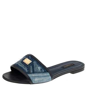 مملوكة مسبقًا Dolce & Gabbana Blue Denim Flat Sandals Size 37.5