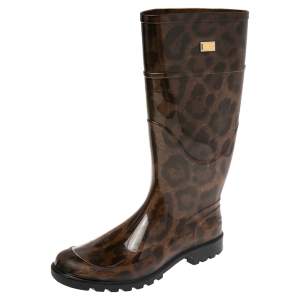 Dolce & Gabbana Brown Leopard Print Rubber Mid Rain Boots Size 38