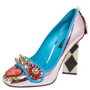 Dolce & Gabbana Pink Patent And Canvas Studded Block Heel Pumps Size 38.5