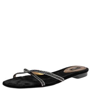 Pre Owned Dolce & Gabbana Black Velvet Crystal Embellished  Flat Sandals Size 41