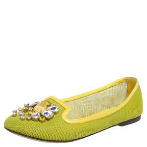 Dolce & Gabbana Green/Yellow Woven Leather And Patent Trim Crystal Embellished Ballet Flats Size 38