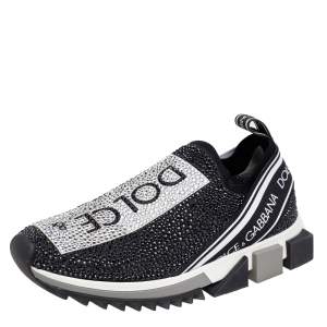 Pre Owned Dolce & Gabbana Black/White Knit Fabric Crystal Embellished Sorrento Slip On Sneakers Size 39.5