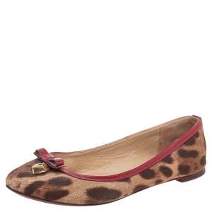 Dolce & Gabbana Brown/Burgundy Leopard Print Canvas and Patent Leather Bow Detail Ballet Flats Size 36