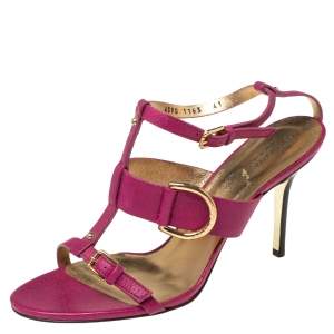 Dolce & Gabbana Pink Leather Buckle Details T-Strap Sandals Size 41