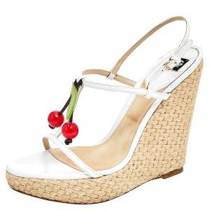 Pre Owned D&G White Leather Cherry Platform Wedge Sandals Size 39.5