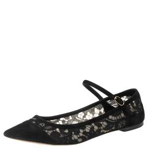 Dolce and Gabbana Black Lace And Suede Mary Jane Pointed Toe Ballerina Size 40