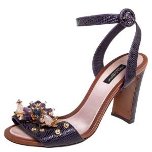 Pre Owned Dolce & Gabbana Lizard Embossed Leather Embellished  Ankle Strap Sandals Size 38