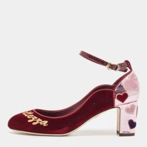 Dolce & Gabbana Burgundy Velvet L' Amore Block Heel Pumps Size 38
