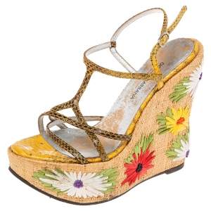 Pre Owned Dolce & Gabbana Multicolor Python Embossed Leather  Floral Embroidered Raffia Wedge Sandals Size 37