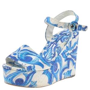 Pre Owned Dolce & Gabbana Blue/White Majolica Print Canvas Ankle Strap Wedge Sandals Size 37.5