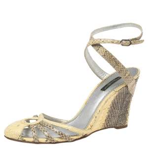 Pre Owned Dolce & Gabbana Grey/Yellow  Python Leather  Ankle Wrap Wedge Sandals Size 38 