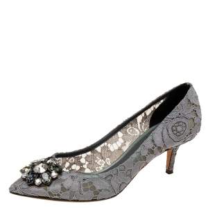 Pre Owned Dolce & Gabbana Grey Lace Bellucci Pointed-Toe Pumps Size 39