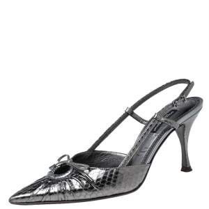 Pre Owned Dolce & Gabbana Metallic Grey Snakeskin bow Slingback Sandals Size 36.5 