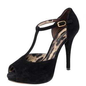 Dolce & Gabbana Black Suede T-Bar Peep-Toe Platform Sandals Size 36.5 