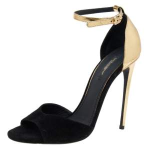 Pre Owned Dolce & Gabbana Black/Gold Suede And Leather Ankle Cuff Sandals Size 38