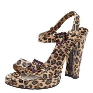 Dolce & Gabbana Beige/Brown Leopard Print Leather Embellished Ankle Strap Sandals Size 38.5