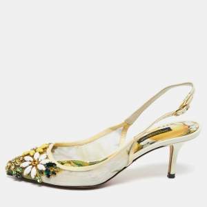 مملوكة مسبقًا صندل دولتشي أند غابانا شبكة وجلد لامع متعدد الألوان مزخرف ورد بحزام خلفي للكاحل مقاس 35