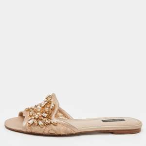 Dolce & Gabbana Beige Satin And Lace Sofia Crystal Embellished Slide Flat Sandals Size 38
